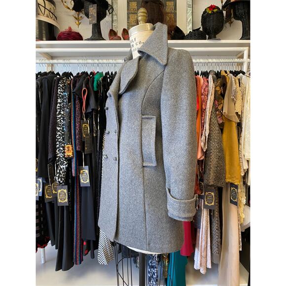 vintage 1970s gray wool double breasted pea coat, mod, med, butterfly collar - Picture 6 of 8